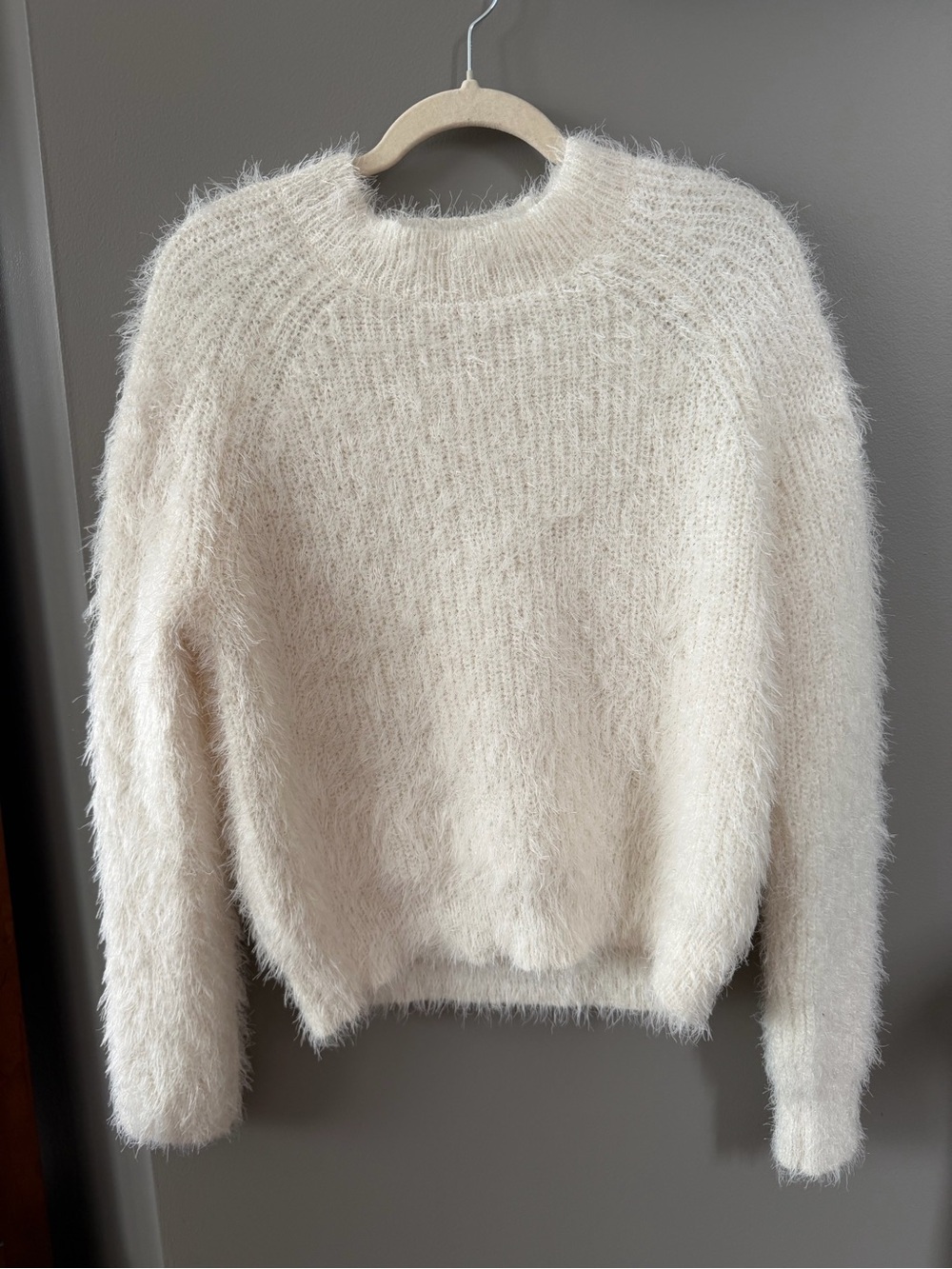 Pink Rose Crewneck Fuzzy Plush Sweater in Winter White. Small